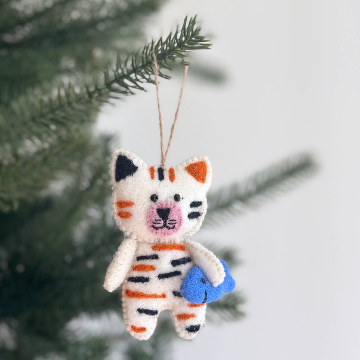 Flat Cat Holding Fish Ornament