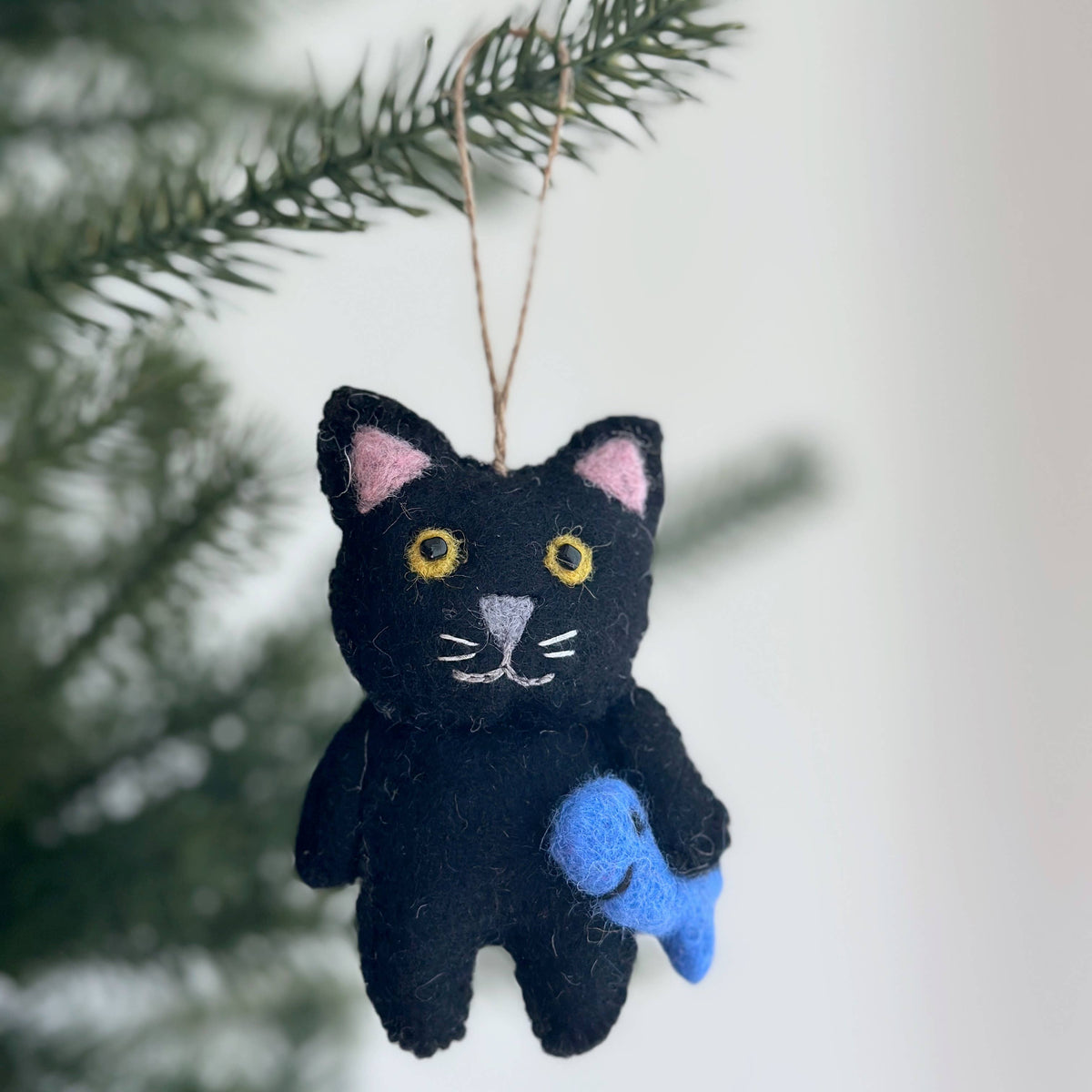 Flat Cat Holding Fish Ornament