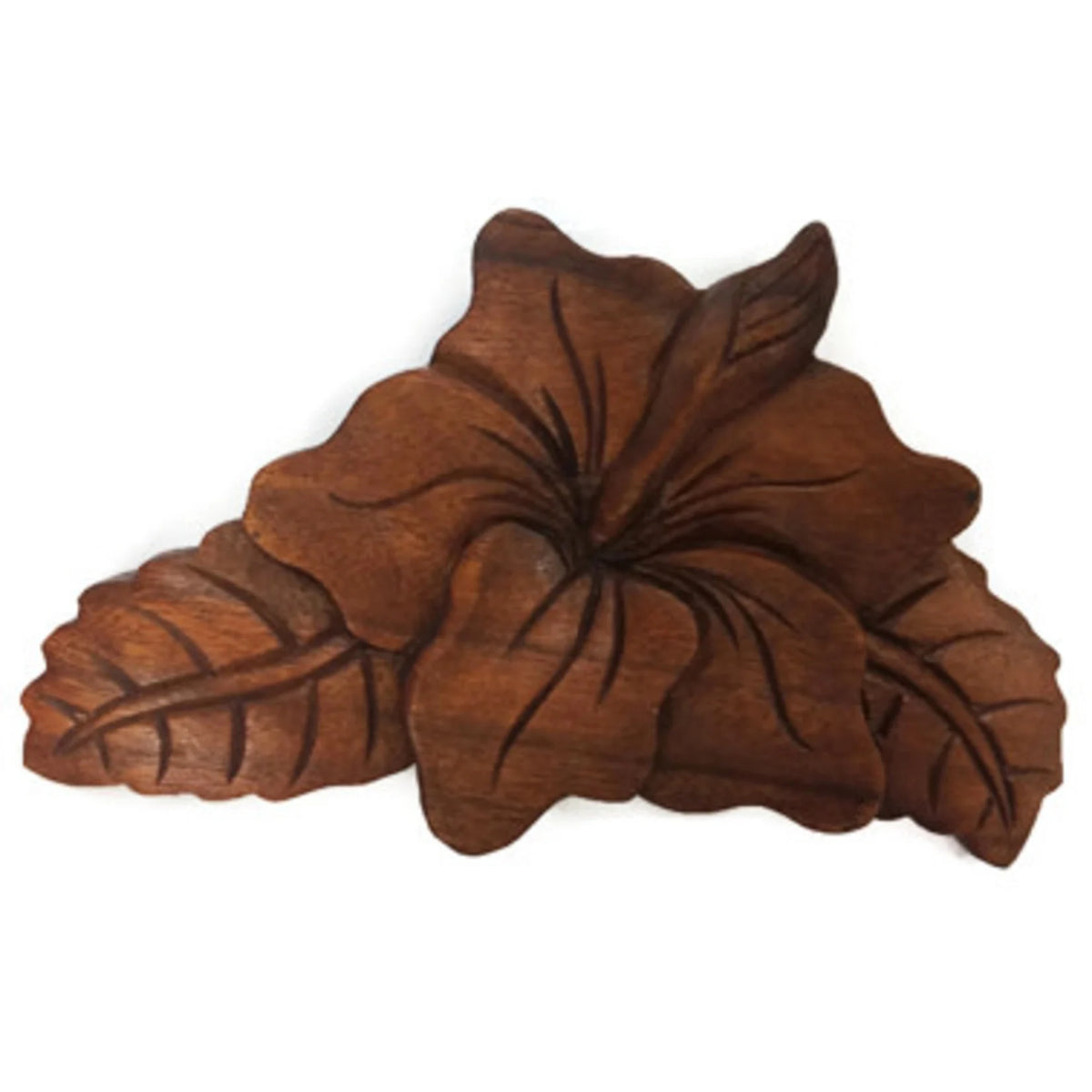 Hand Carved Plaque 20cm Single Hibiscus With Leaves